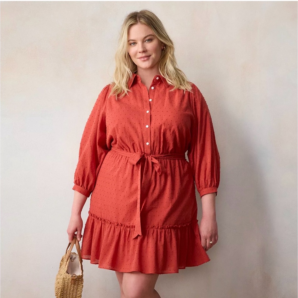 Textured Rust Button Front Belted Shirt Dress Size 1X